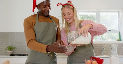 Diverse Couple Cooking Together for Festive Holiday Celebration