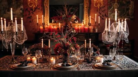 Luxurious Gothic Dining Table Illuminated by Candlelight