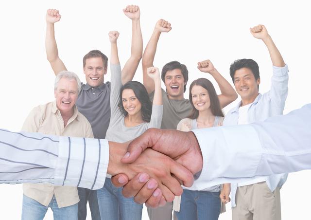 Business executives shaking hands with a diverse group of colleagues cheering in the background. This image can be used to represent successful partnerships, teamwork, and collaborative achievements in a professional setting. Ideal for business presentations, corporate websites, and promotional materials highlighting unity and success.