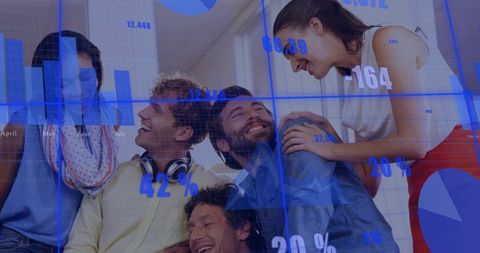 Young collaborative team celebrating data insights in casual office with analytics overlay