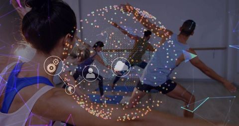 Lunging woman leading group fitness class with digital network overlay and tech icons