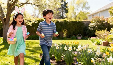 Children celebrating easter egg hunt in sunny backyard garden with daffodils