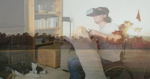 Man in Wheelchair Enjoying VR Experience with Dogs