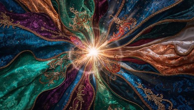 Radiant starburst bathing jewel-tone brocade fabrics with gold embroidery and texture