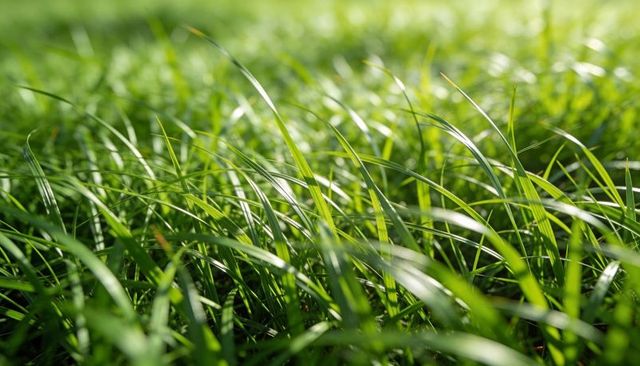 Sunlit green grass blades bending with dew droplets and soft bokeh texture