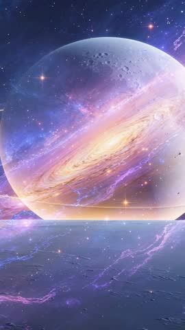 Drifting Cratered Planet Over Cosmic Ocean with Ringed Galaxy and Neon Nebula — Vertical