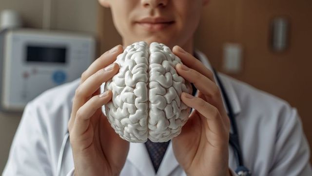 Doctor in consultation room holding anatomical brain model for medical explanation