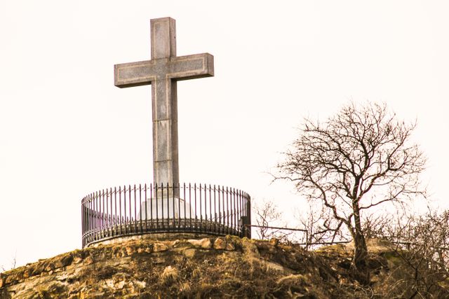 This image shows a large cross atop a rocky hill, surrounded by a metal fence and accompanied by a solitary barren tree. The sky above is overcast, adding a solemn tone to the scene. Useful for topics pertaining to religion, spirituality, pilgrimage sites, or outdoor monument photography.