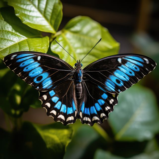 Vibrant Blue and Black Butterfly on Leaf - Download Free Stock Images Pikwizard.com