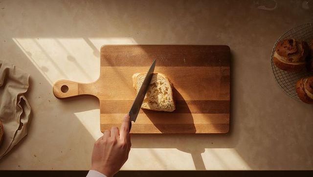 Sunlit rustic bread slicing on wooden cutting board with serrated knife