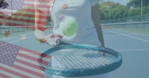 Tennis player focused with american flag overlay on court