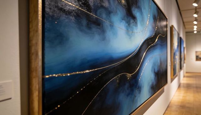 Displaying large abstract blue-black canvas featuring metallic gold veining in gallery