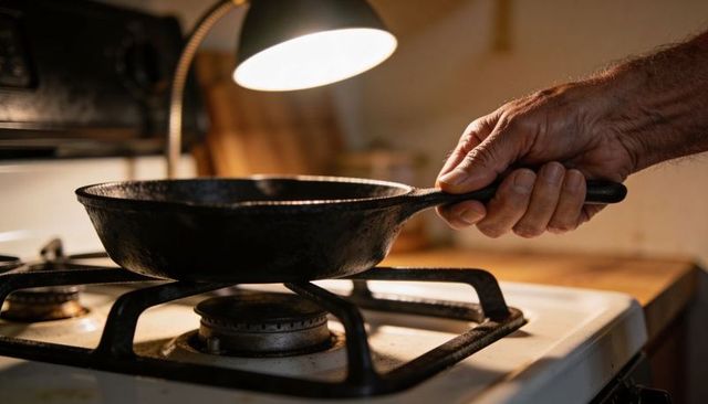Hand holding seasoned cast iron skillet over gas burner under warm task lamp light