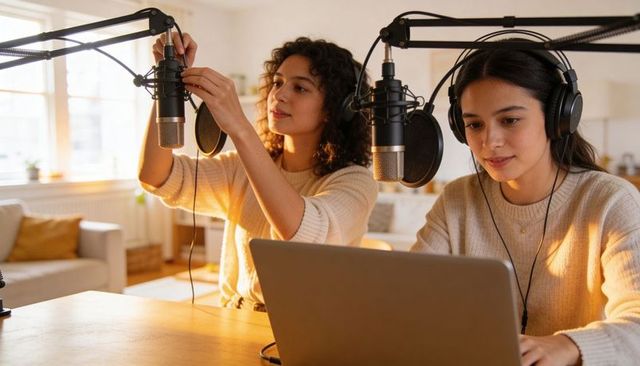 Two women recording podcast in sunlit home studio with professional microphones and laptop