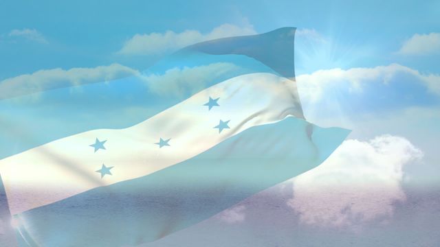 Honduras flag waving elegantly against a beautiful cloudy sky backdrop. Perfect for use in travel brochures, tourism websites, patriotic displays, national celebrations, educational materials, and instances where a sense of national pride and beauty is desired.