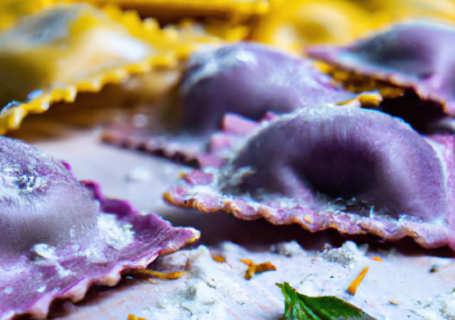 Close up of multiple ravioli and flour created using generative ai technology. Cooking and food concept, digitally generated image.