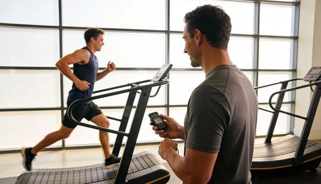 Fitness coach timing runner on curved treadmill with stopwatch in bright gym