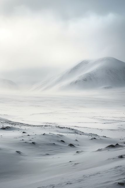 Frozen arctic tundra landscape with snow and clouds, created using generative ai technology. Scenery, winter and beauty in nature concept digitally generated image.