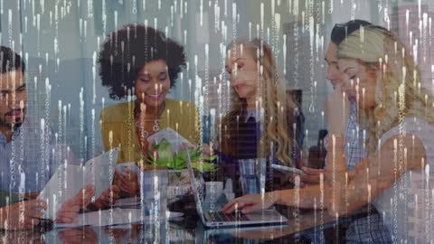 Diverse Team Discussing Data with Digital Overlay