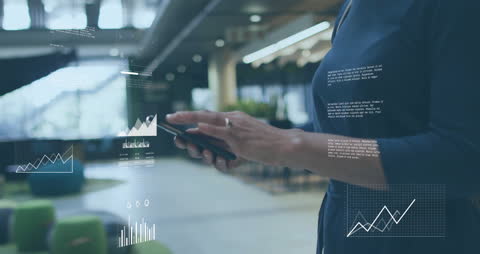 Businesswoman Analyzing Data on Smartphone with Technology Overlays