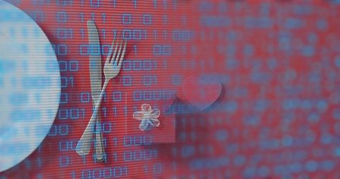 Minimalist romantic dinner layout blending plate, cutlery, gift and heart under binary code