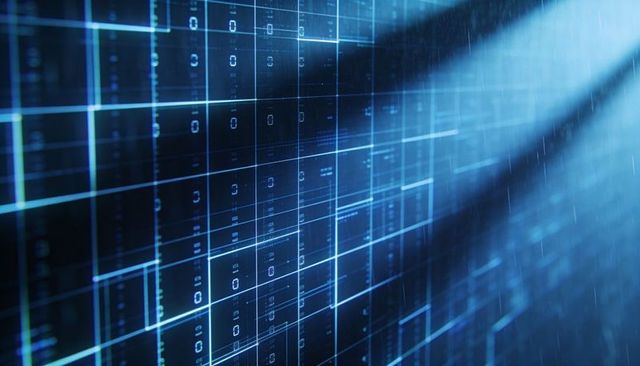 Glowing cyan data grid responding to sweeping beam, futuristic holographic panel network