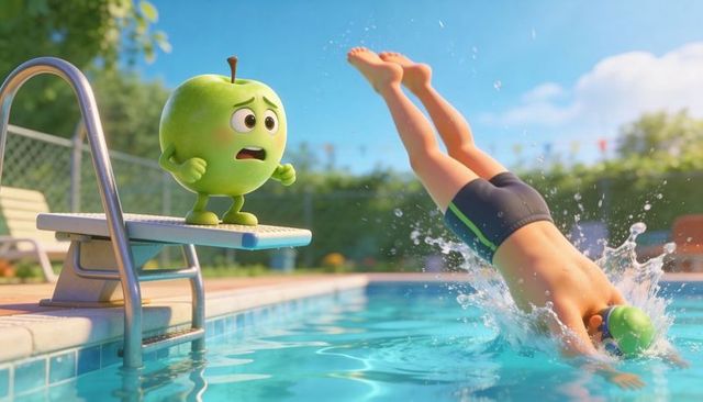 Worried green apple character watching boy diving into backyard pool with splash