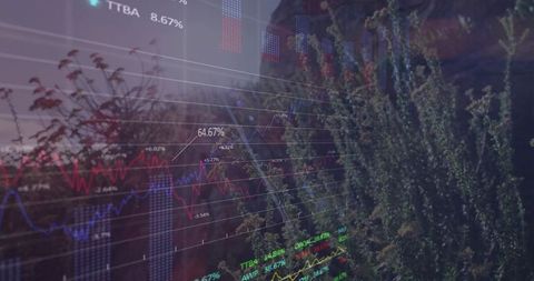 Displaying neon market analytics overlaying nature scene on glass panel