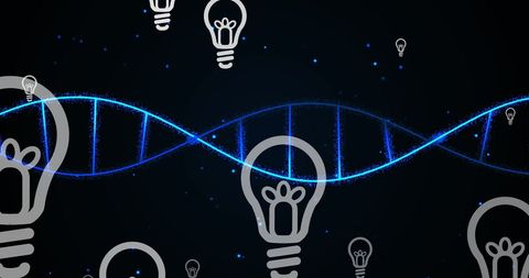 Spinning DNA Strand with Light Bulb Icons Symbolizing Innovation