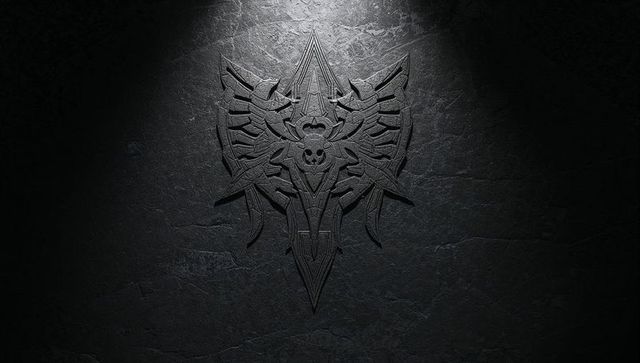 Gothic stone emblem spotlighted on dark wall
