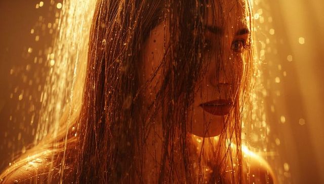 Woman Reflecting in Warm Shower Light, Glistening with Elegance