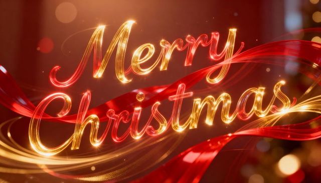 Glowing Merry Christmas Script with Red Ribbons Golden Light Trails Bokeh Festive Glow