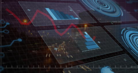 Global Finance Graphs on Night Cityscape Digital Interface
