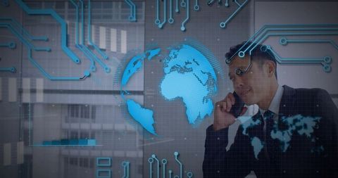 Making business call with holographic globe, augmented data overlay and asian executive