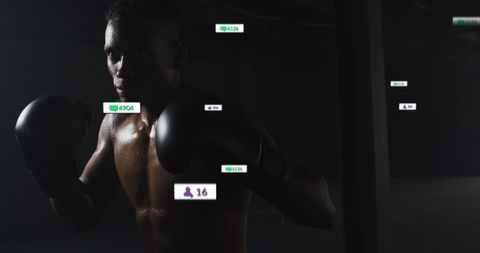 Boxer Training in Dark Gym with Social Media Analytics Overlays