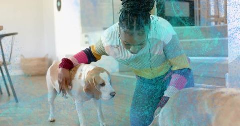 Kneeling woman petting beagle in multicolor knit sweater and denim in cozy living room