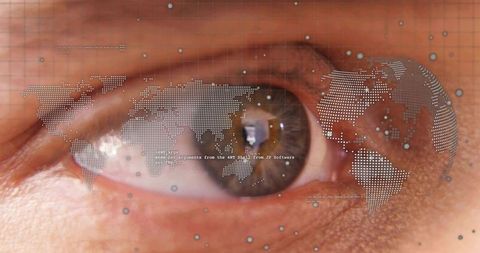 Scanning brown eye with dotted world map overlay, data nodes and hud elements for cybersecurity