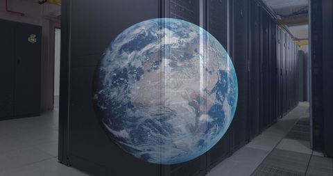Globe Overlaid on Server Room Symbolizing Global Data Networking - Download Free Stock Images Pikwizard.com