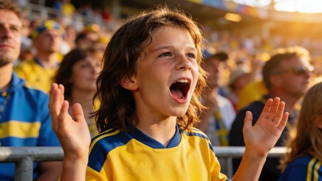 Young fan cheering and raising hands in yellow and blue jersey during sunlit stadium match