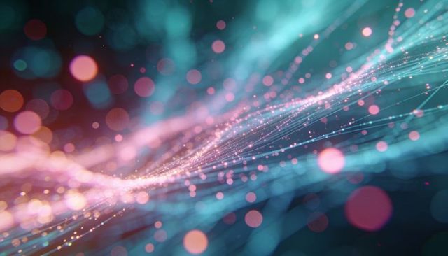 Streaming particle wave flowing across neon digital mesh with bokeh glow