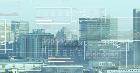 Digital fintech interface overlay on modern city skyline