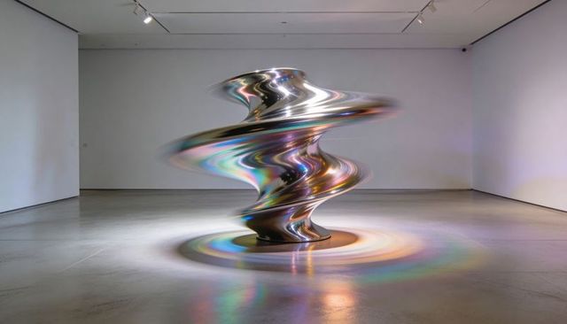 Chromatic Spiral Sculpture Reflecting Iridescent Prismatic Light in Minimalist Gallery