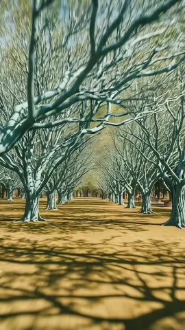 Vertical driving through tree-lined avenue with sunlight filtering, shifting shadows