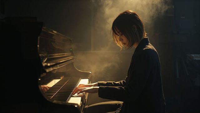 Moody Pianist Playing Grand Piano in Dimly Lit Music Studio