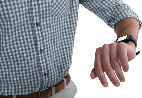 Man wearing smartwatch, transparent background ideal for design integration, technology promotions, or lifestyle blogs.