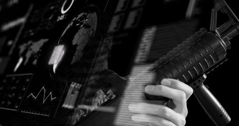 Soldier's Hand with Gun Overlaid on Digital World Interface