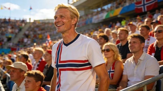 Smiling norwegian fan wearing flag t-shirt cheering in sunny stadium crowd during match
