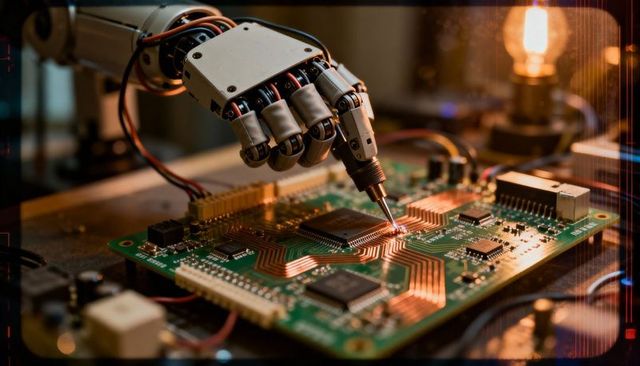 Robotic arm soldering precision microchip on circuit board with warm workshop lighting