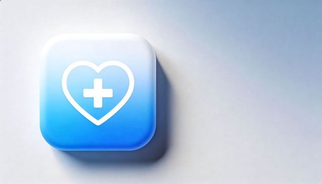 Glossy blue health button showing heart outline with plus cross minimalist background