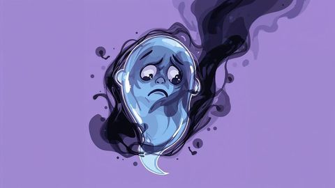 Sad cartoon ghost with swirling negative energy black ink mood